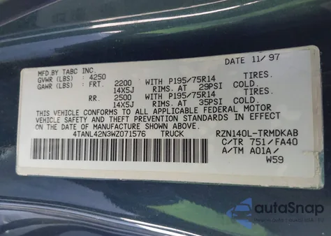 1998 Toyota Tacoma из США, поврежденный, VIN 4TANL42N3WZ071576